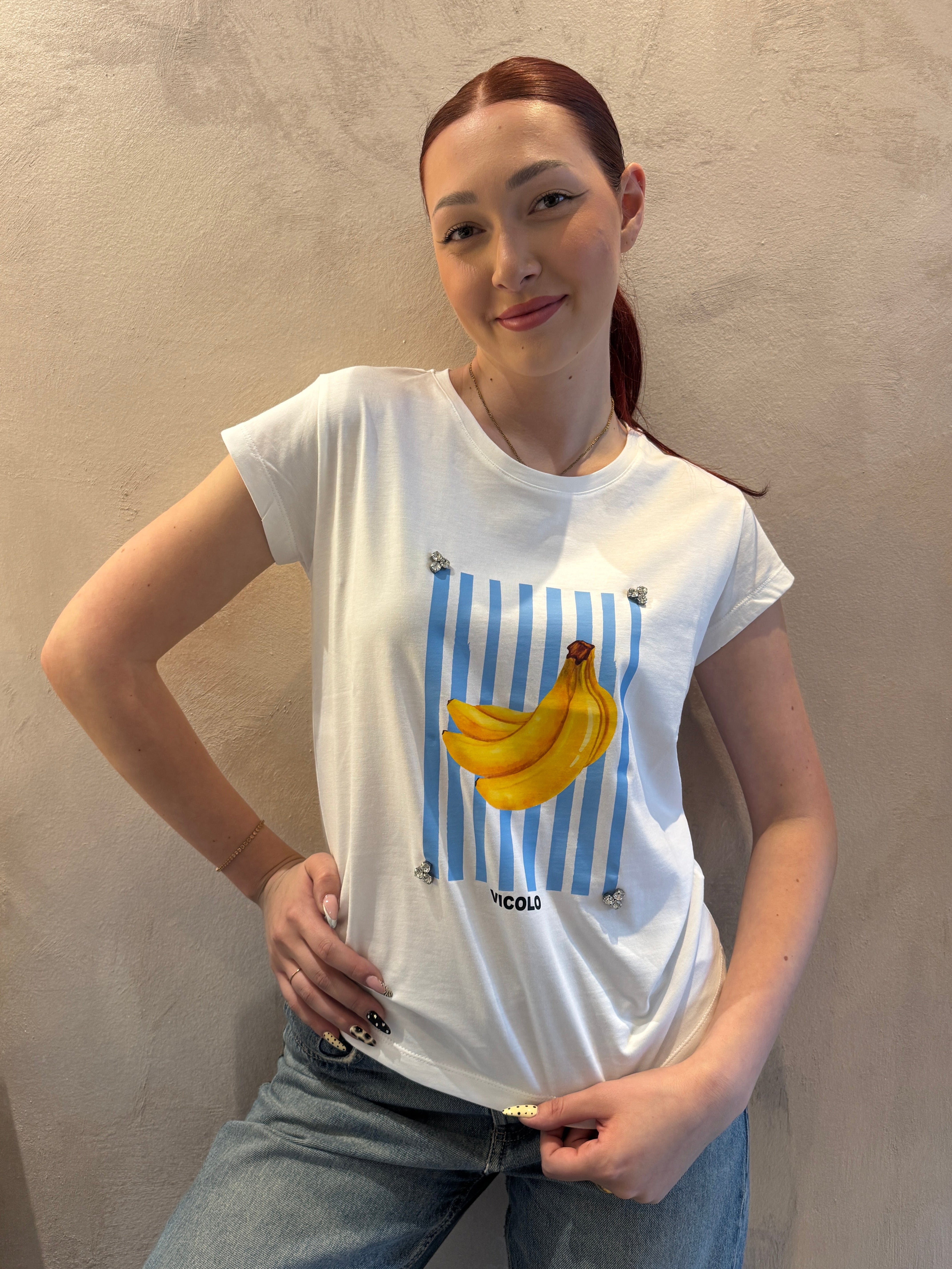 T-shirt regular fit banane e strass - Vicolo