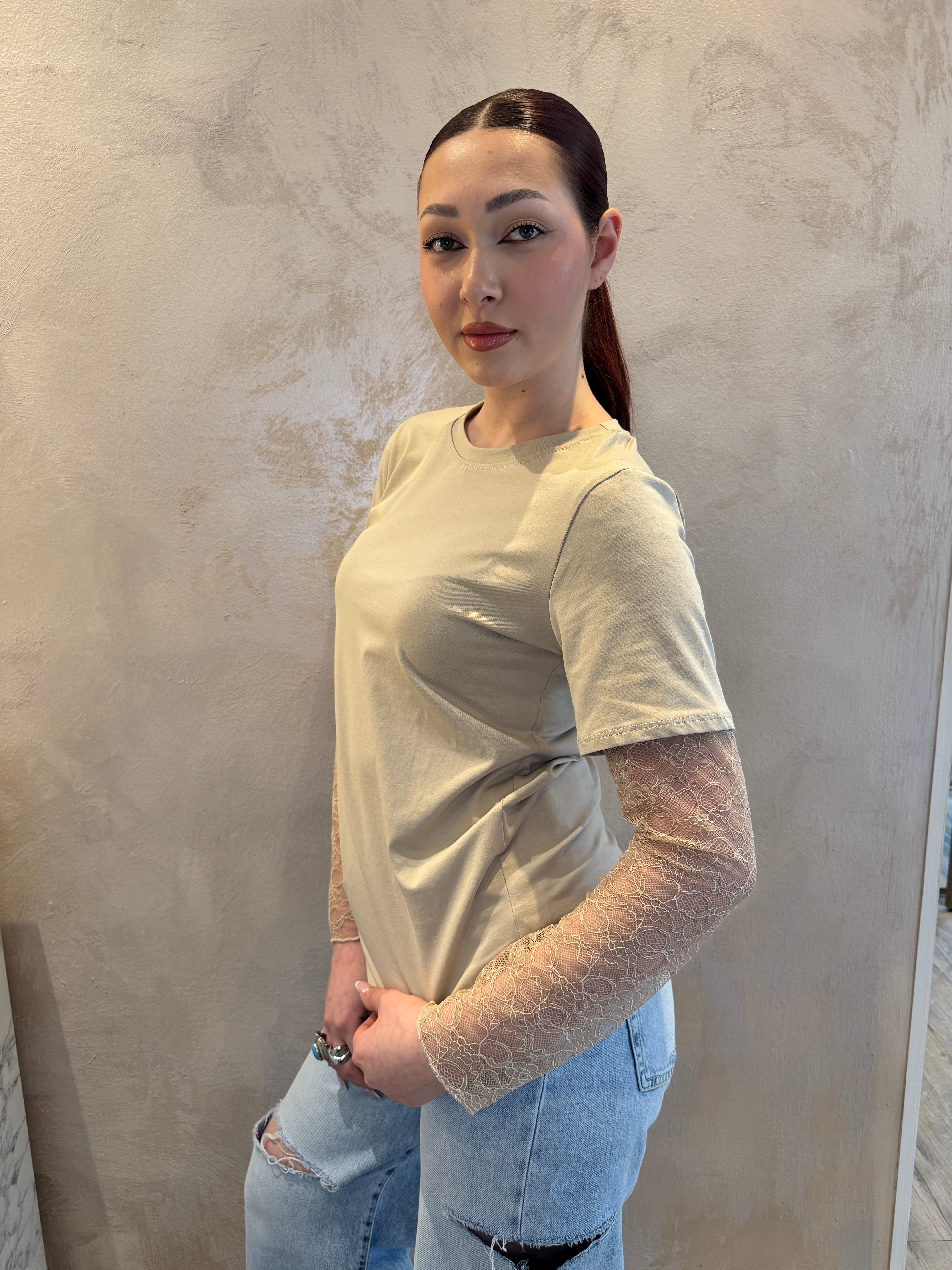 T-shirt manica pizzo sabbia - VYNEA