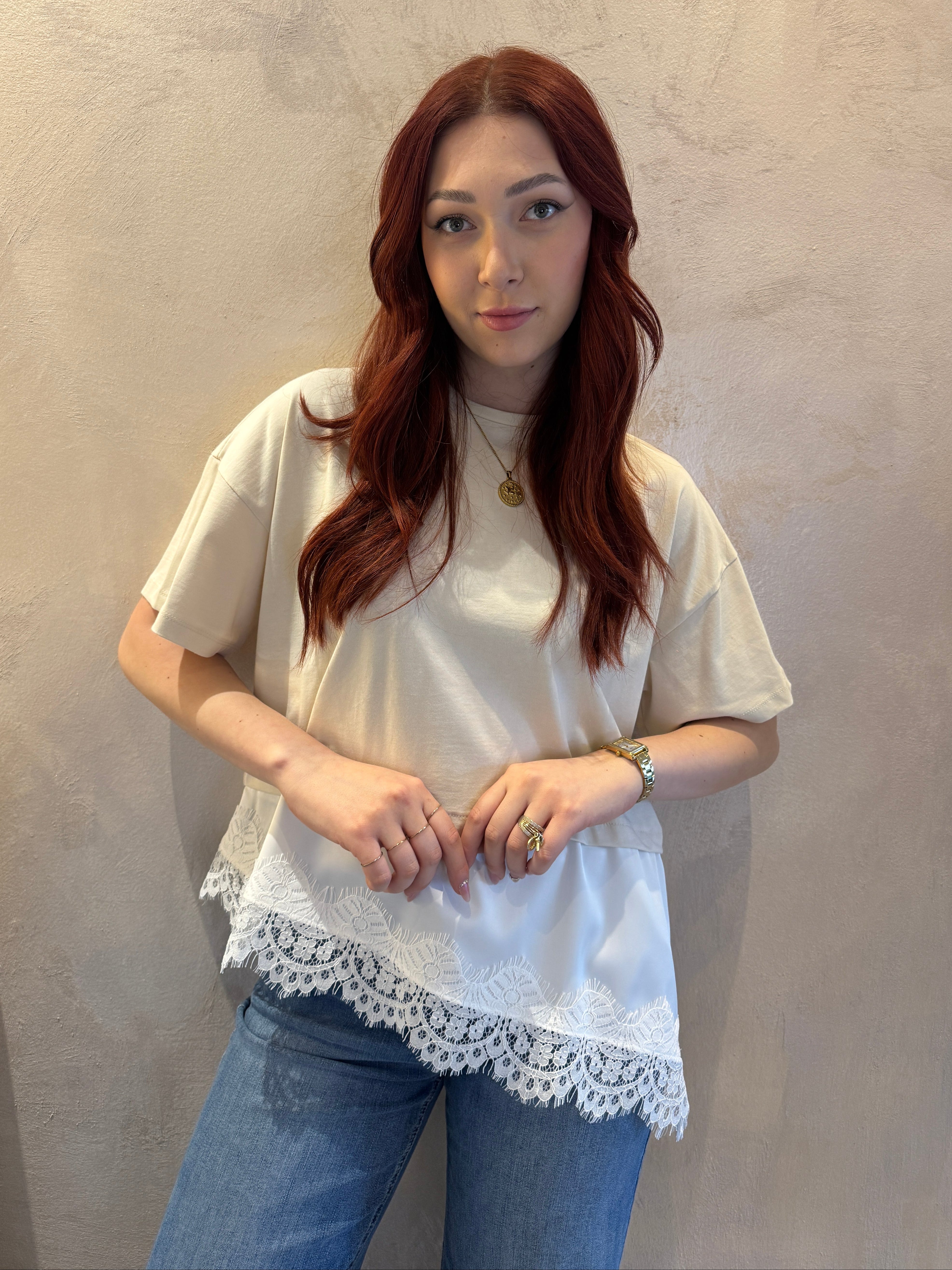 T shirt beige satin e pizzo - Dixie