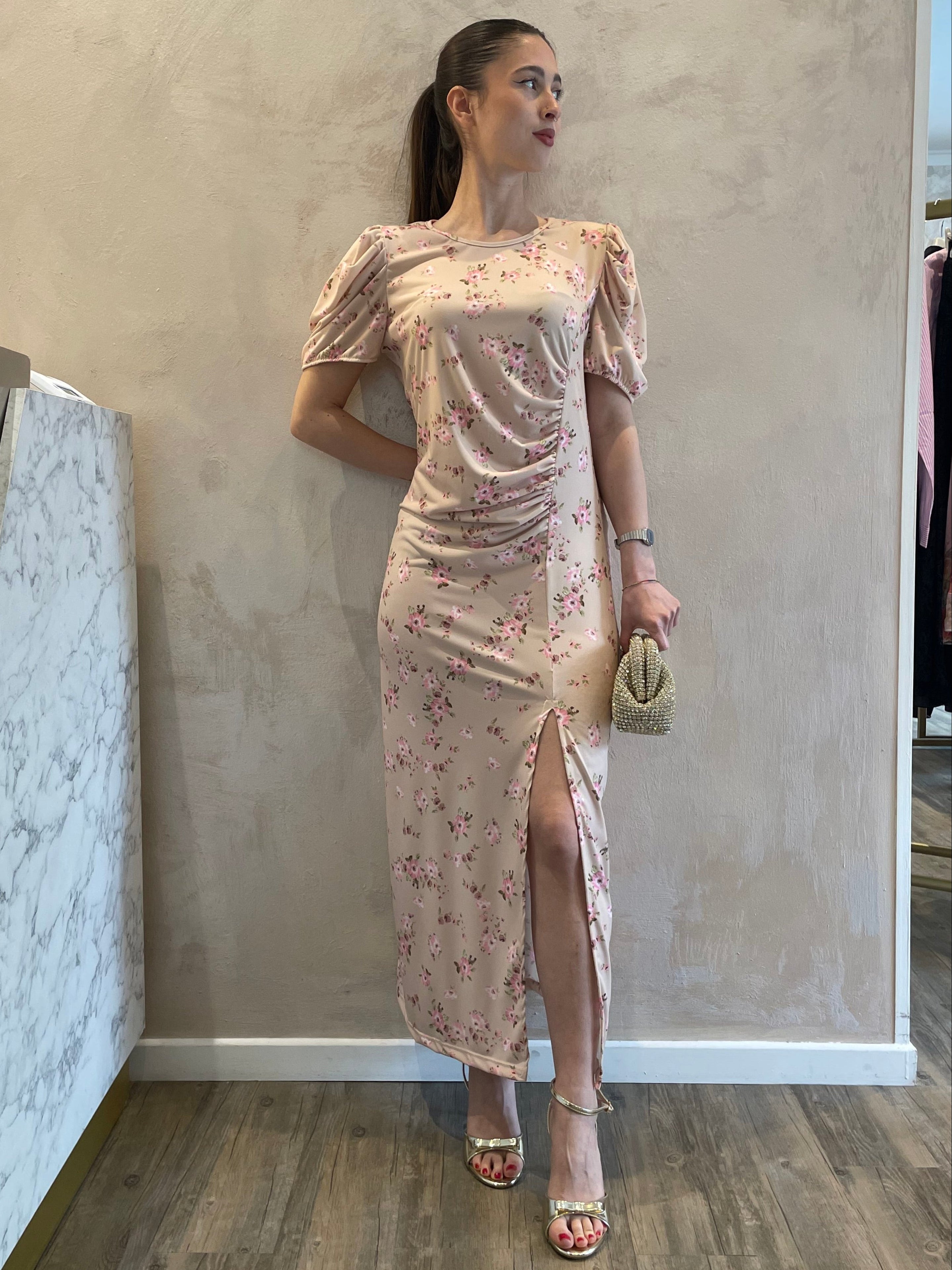 Abito floreale beige con arricciatura - Vicolo