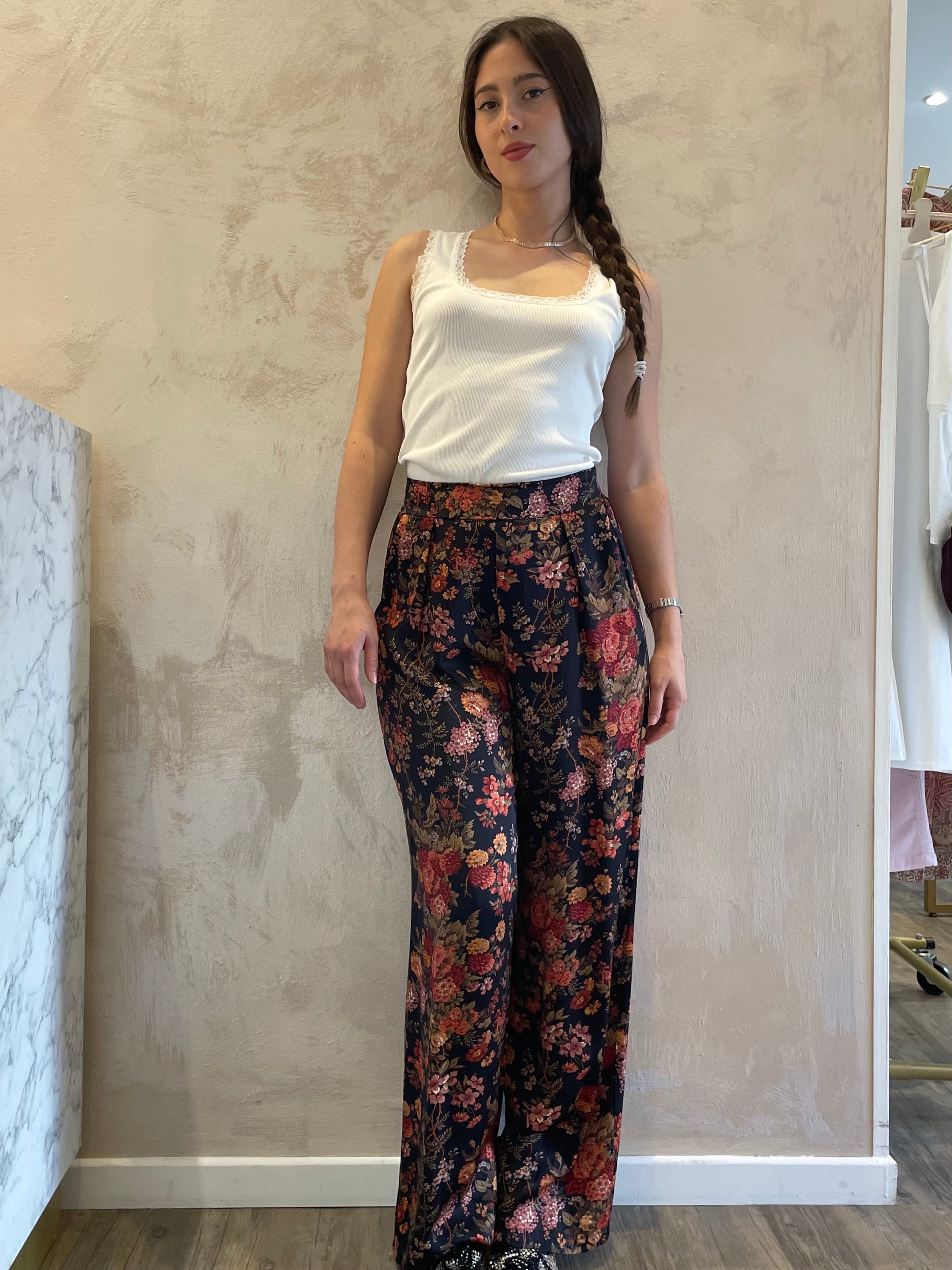Panta palazzo satin fantasia floreale - Saiph