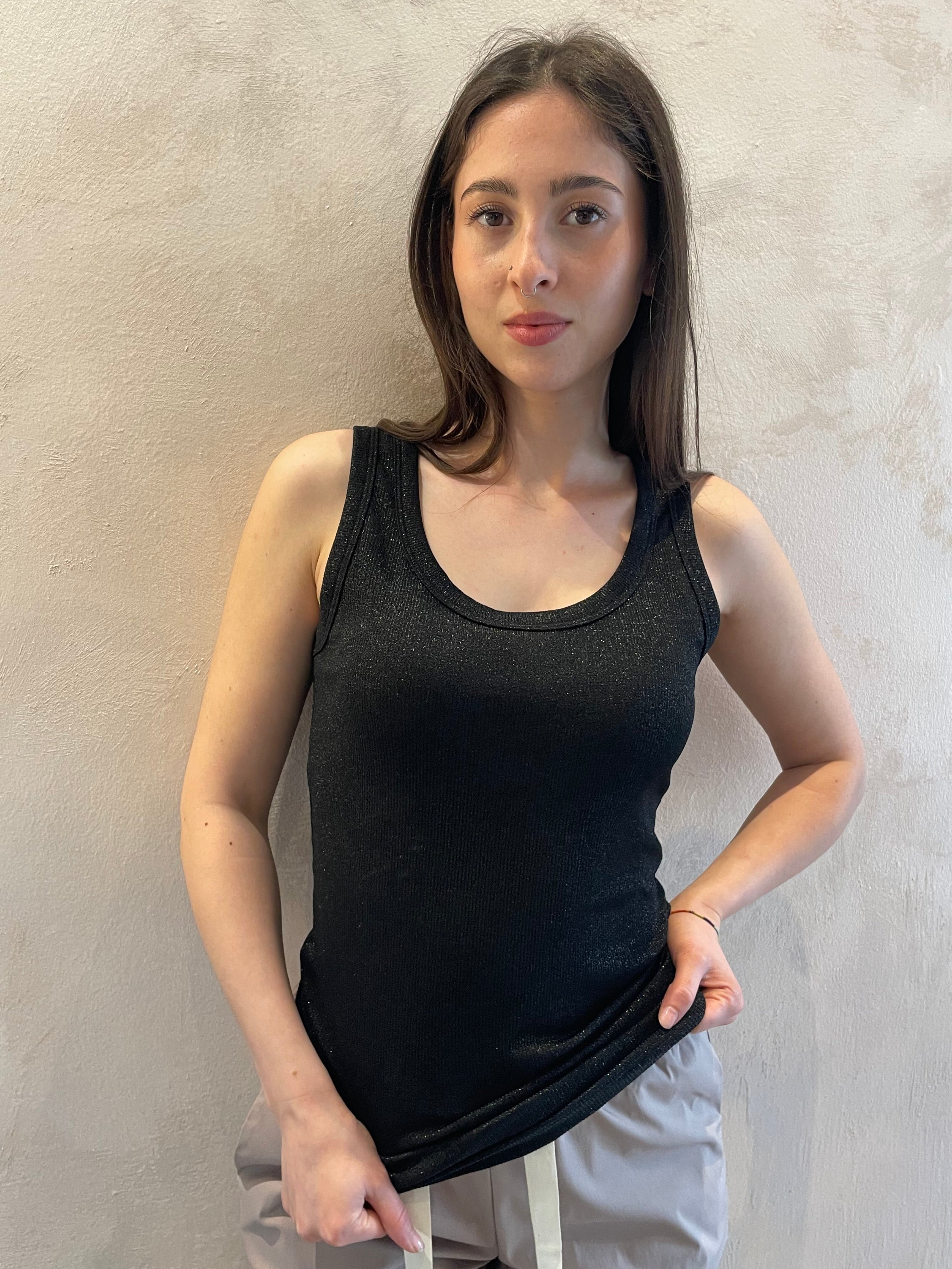 Top costine lurex nero girocollo - Vicolo