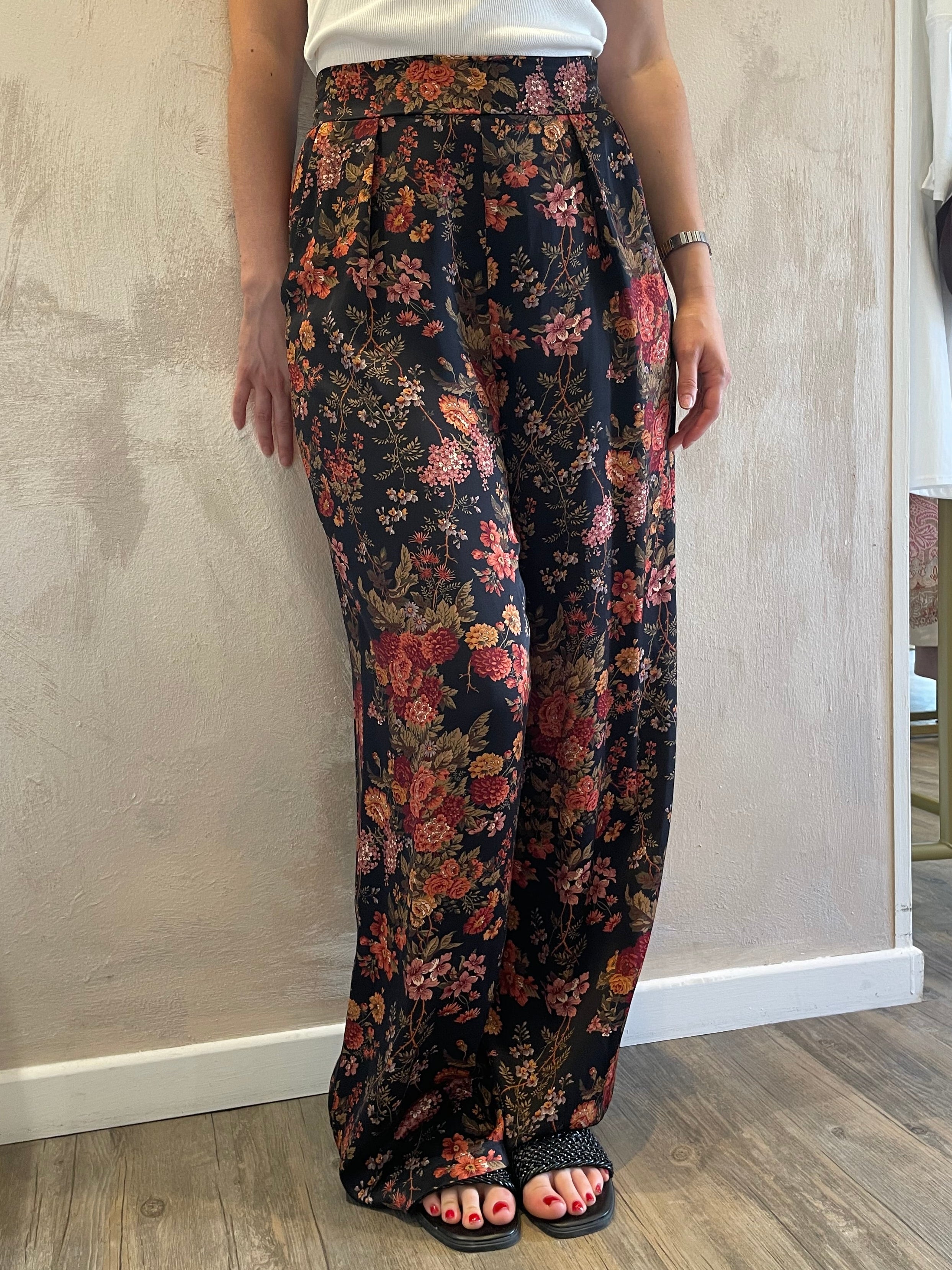 Panta palazzo satin fantasia floreale - Saiph