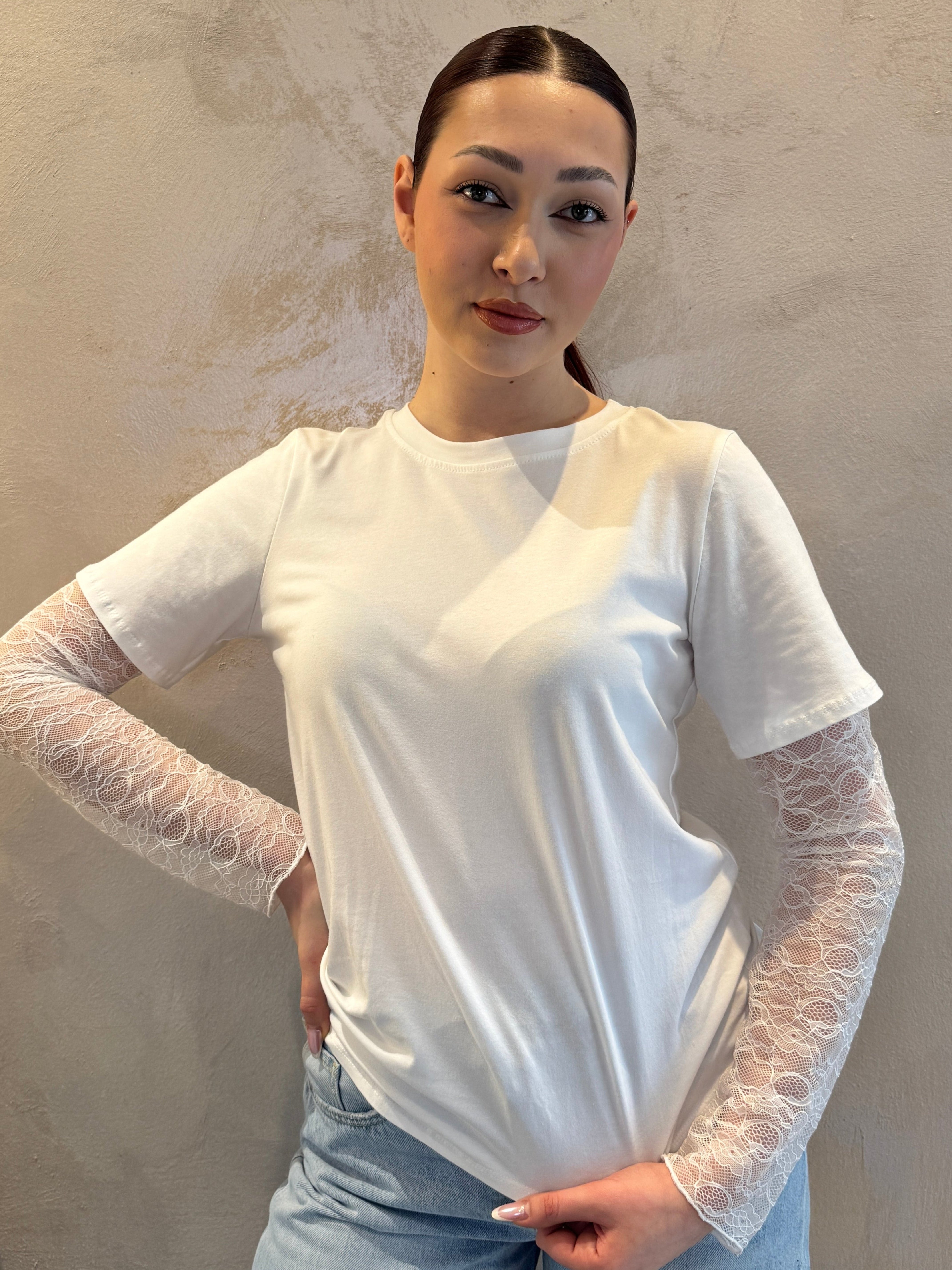 T-shirt manica pizzo bianco - VYNEA