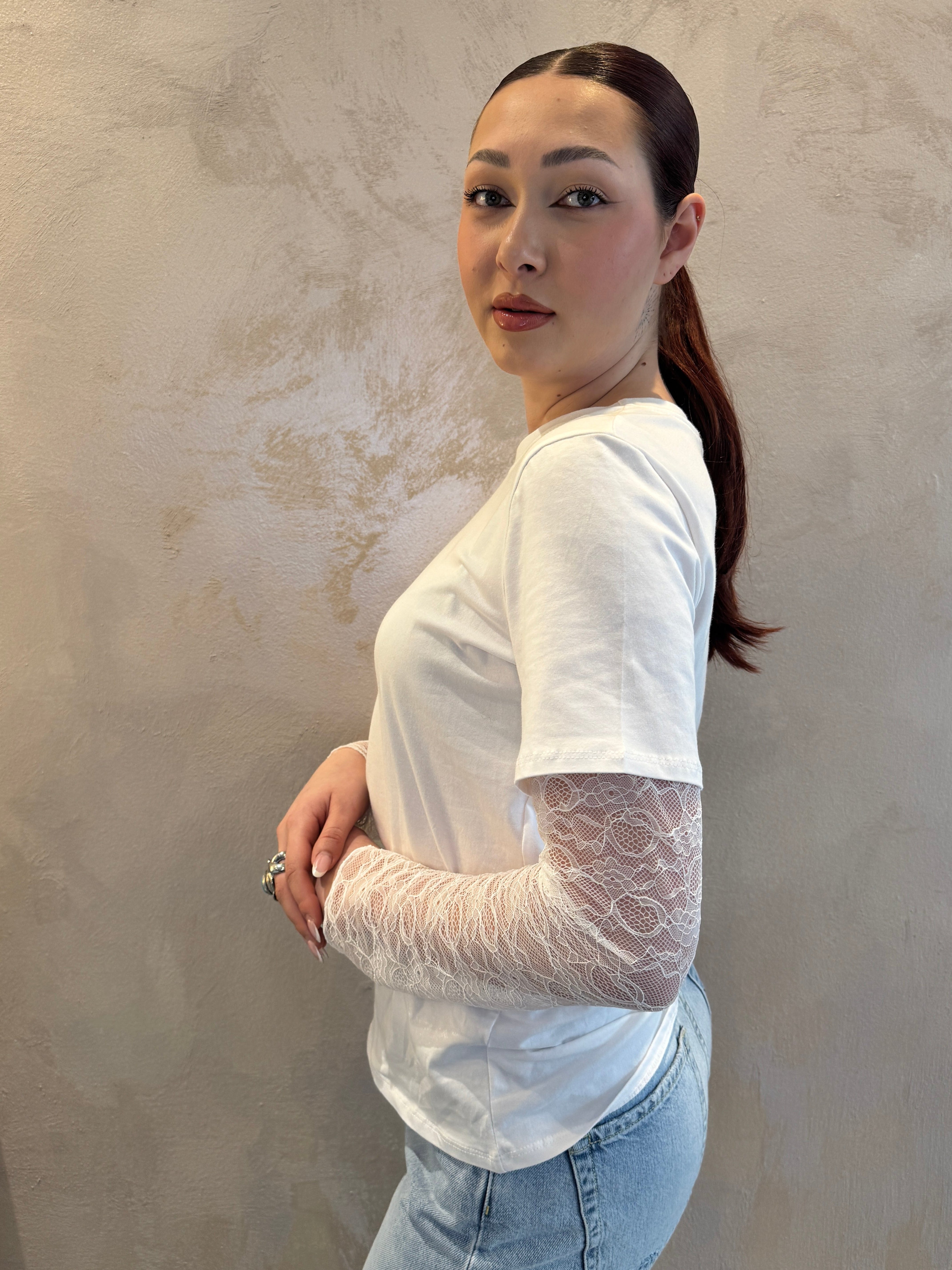 T-shirt manica pizzo bianco - VYNEA